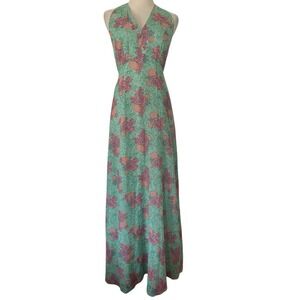 Vtg 70s Bianchi Dress Green Pink Floral‎ Maxi Boho Garden Party Fairy Festival
